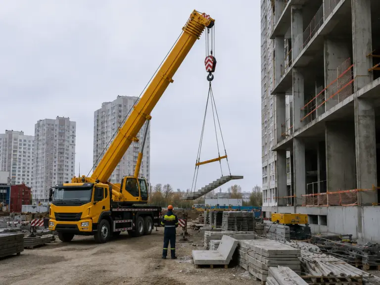 Монтаж железобетонных лестничных маршей в строящемся жилом комплексе